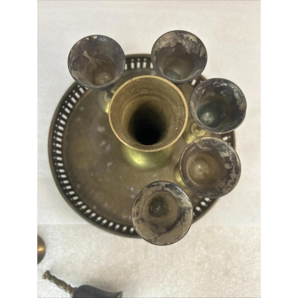 Set of 5 Vintage Brass Cordial Glasses Goblets Made In India With Tray Read